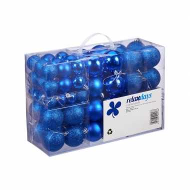 100x blauwe kunststof kerstballen 3, 4 en 6 cm glitter, mat, glans