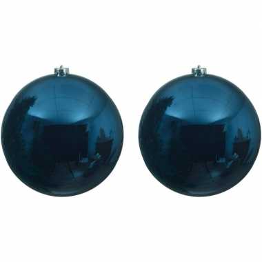 2x grote donkerblauwe kerstballen van 14 cm glans van kunststof