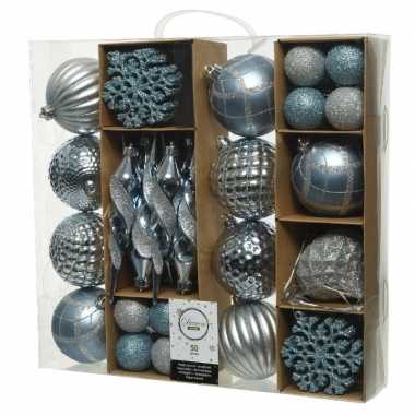 50x blauwe kerstballen en figuur hangers 4-8-15 cm kunststof