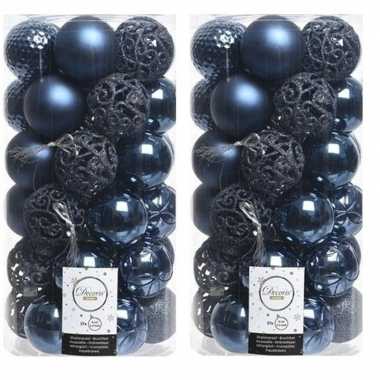 74x donkerblauwe kerstballen 6 cm kunststof mix